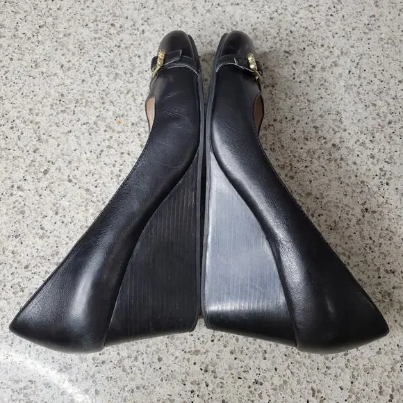 Cole Haan Grand OS Black Leather Closed Round Toe Gold Buckle Wedge Heel✨️9B - Picture 8 of 15